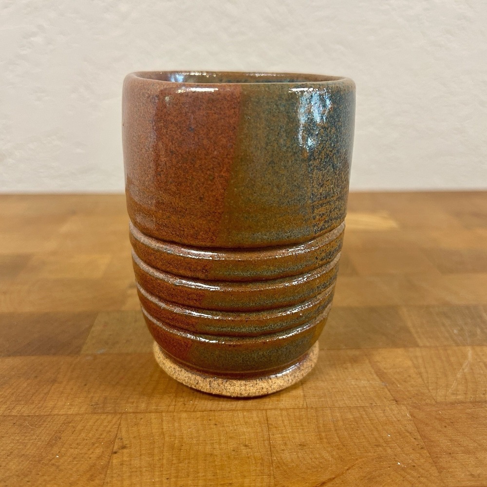 Studio Pottery Tumbler Signed Earth Tone Stoneware Cup Ribbed Handleless Rustic